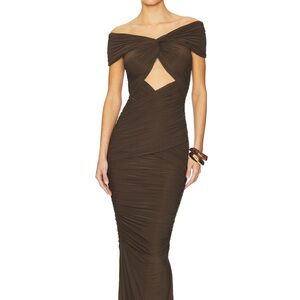 Ronny Kobo Collection Chocolate Off-Shoulder Maxi Dress